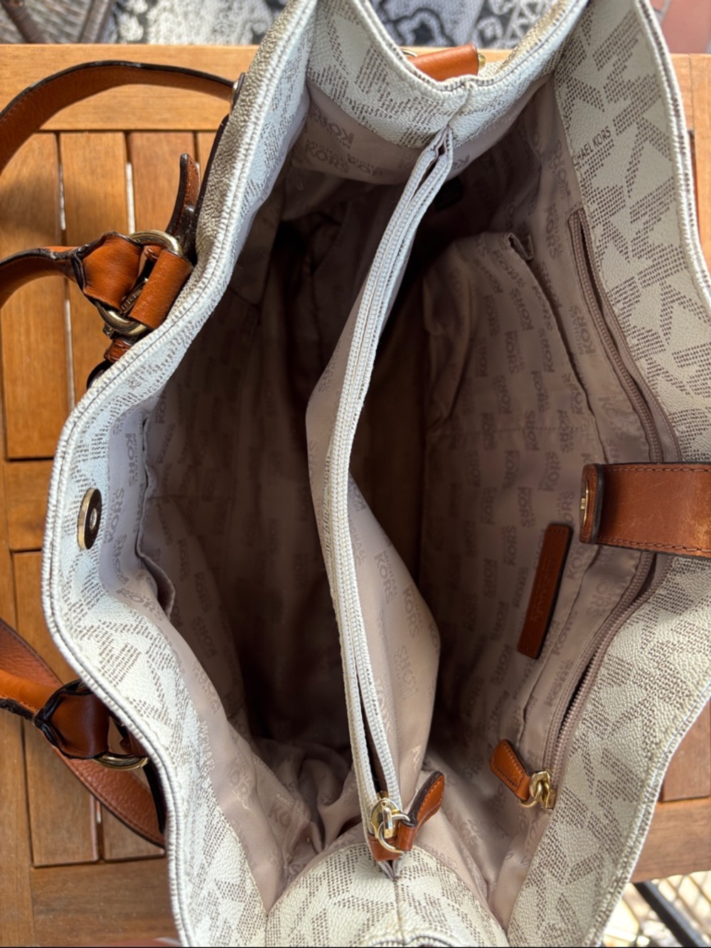 Michael Kors Beige Logo Tote with Brown Leather Handles - Picture 11 of 16